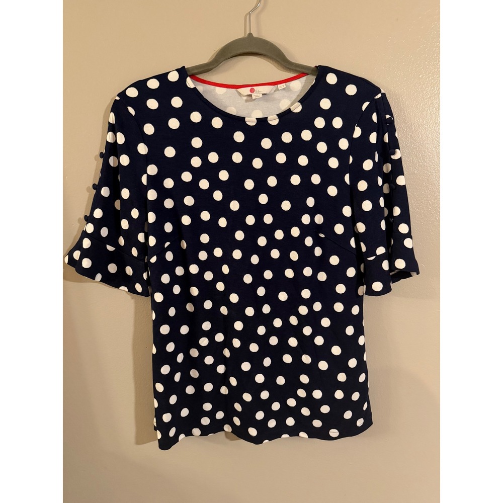 Boden Navy Blue White Polka Dot Bell Sleeve Button Detail Jersey Top Womens 8